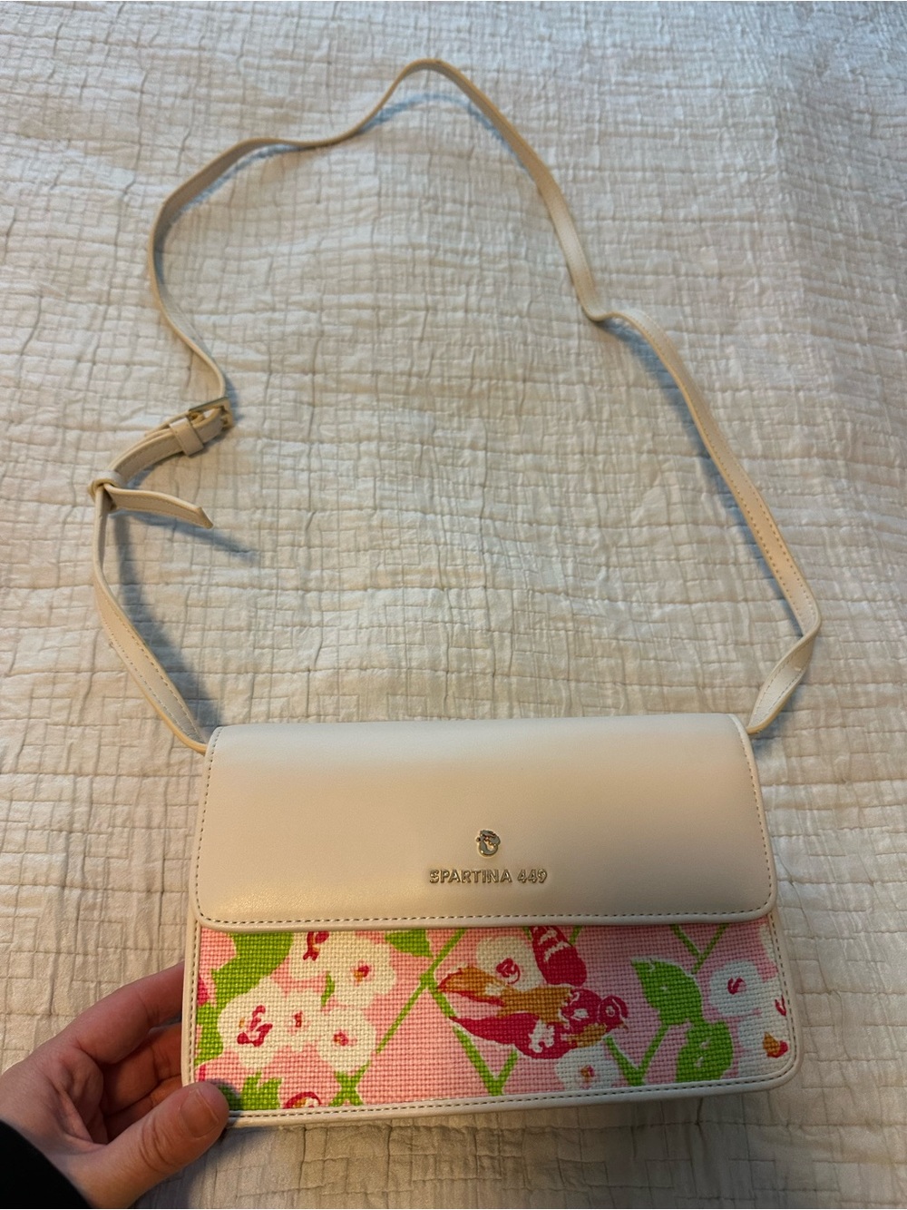 Spartina 449 Cream Crossbody Bag with Pink Floral Front